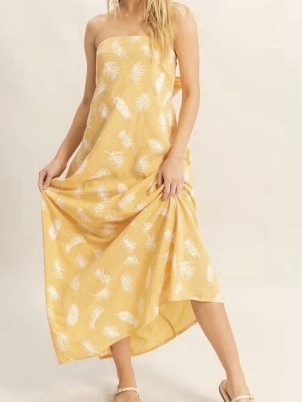 HYFVE Yellow Strapless Palm-Print Maxi Dress
